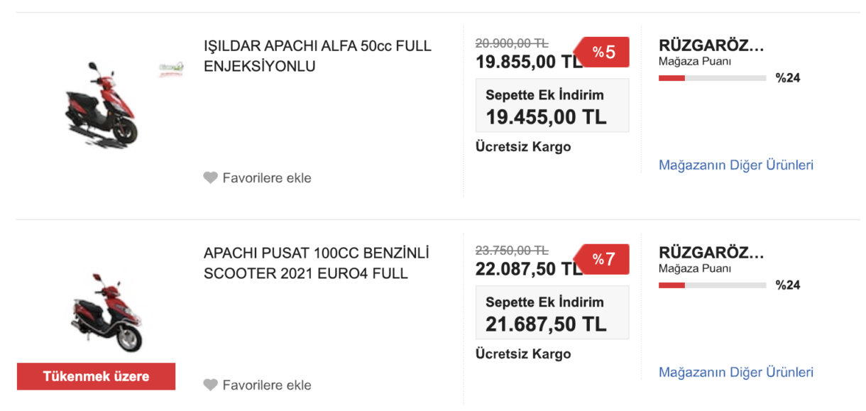 Apachi, TVS Fiyat Listesi, 2022