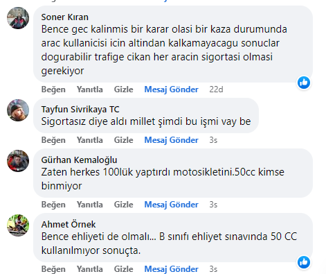 50cc Motosiklete Sigorta Konusunda Son 12 Saatin İlginç Yorumları