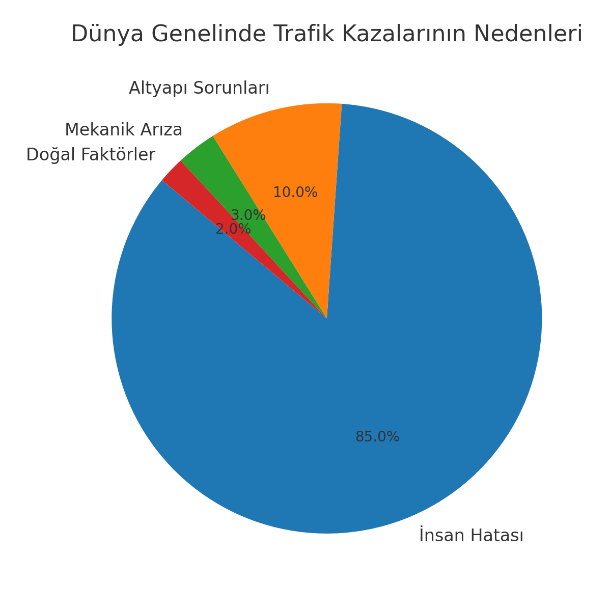 D&uuml;nya Genelinde Trafik Kazalarının Nedenleri (Pasta Grafik)